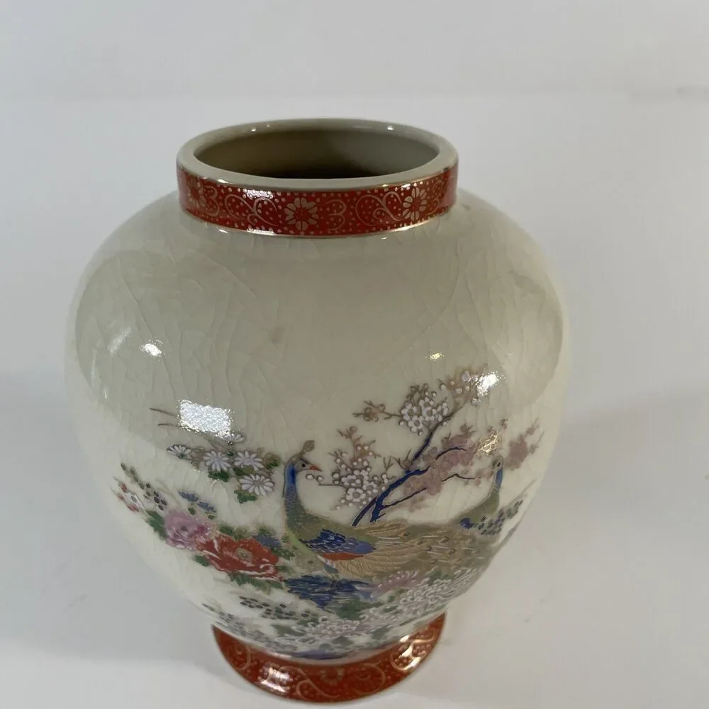 Vintage Japanese Satsuma Style Peacock Vase Crackle Glaze Made in Japan
